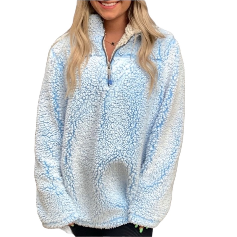 Green Tea  Sherpa Two Toned Quarter Zip Pullover Blue White Size Large